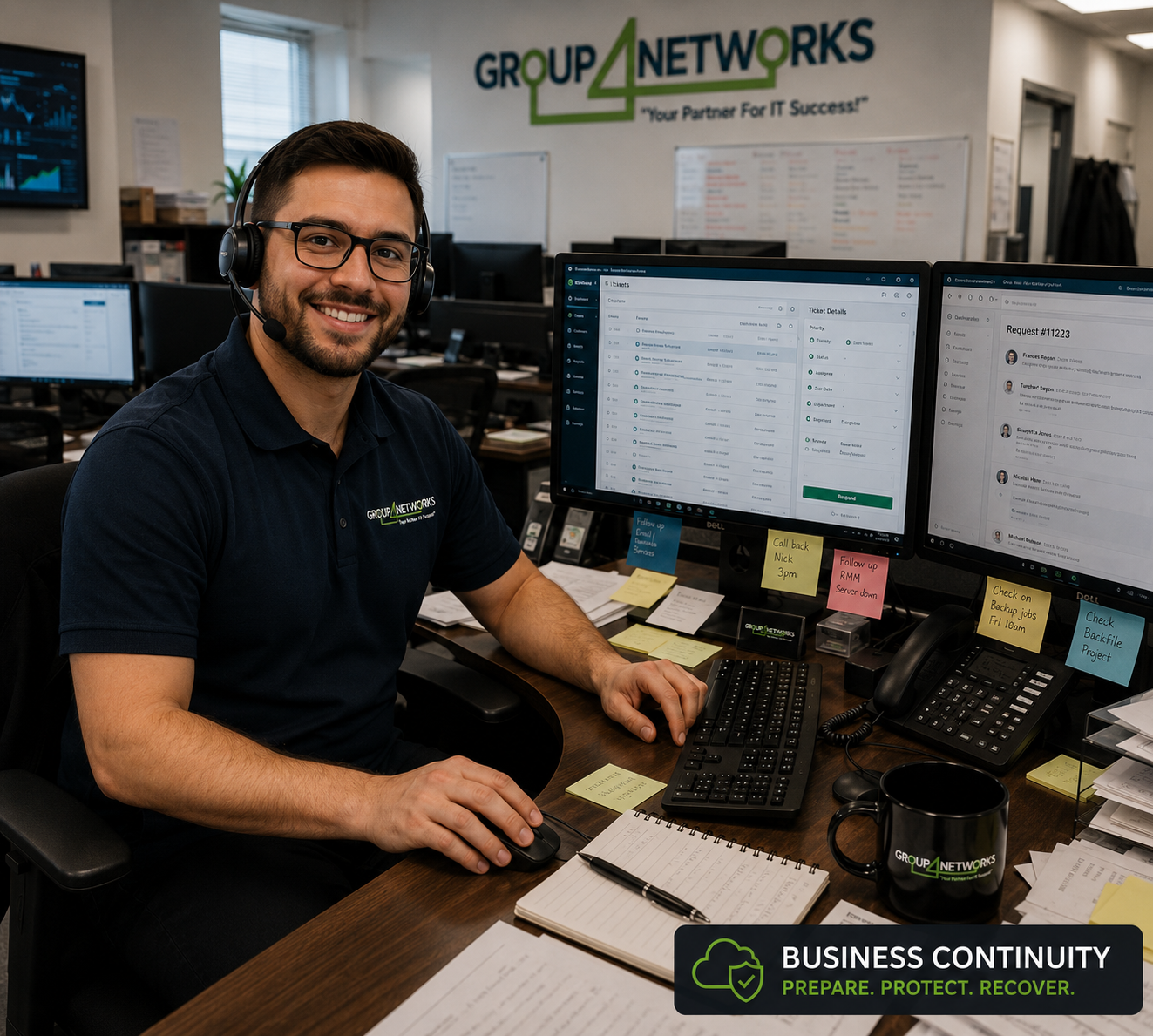 Group 4 Networks technician managing an active support queue for Toronto business clients
