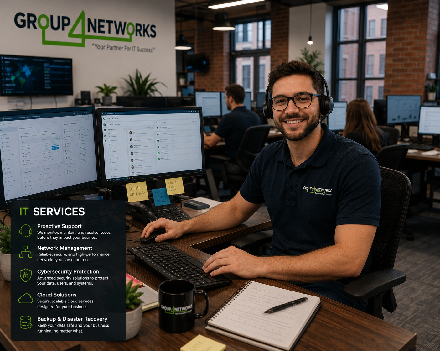 Group 4 Networks IT support team member ready to take a client call