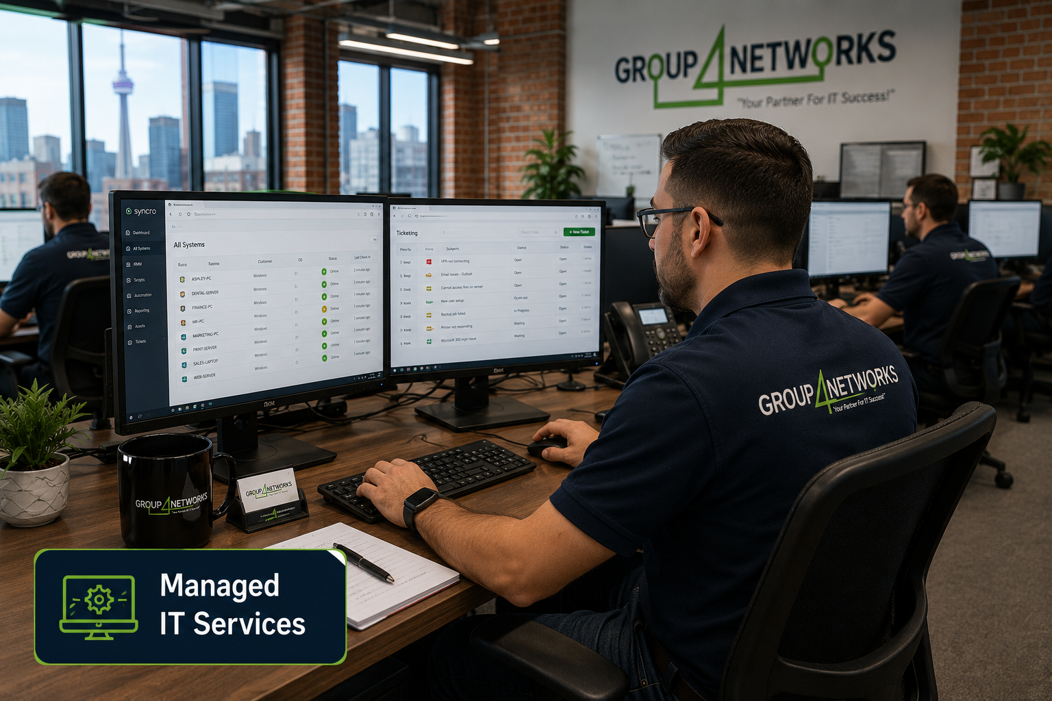 Group 4 Networks technician monitoring client systems at the G4NS Toronto office