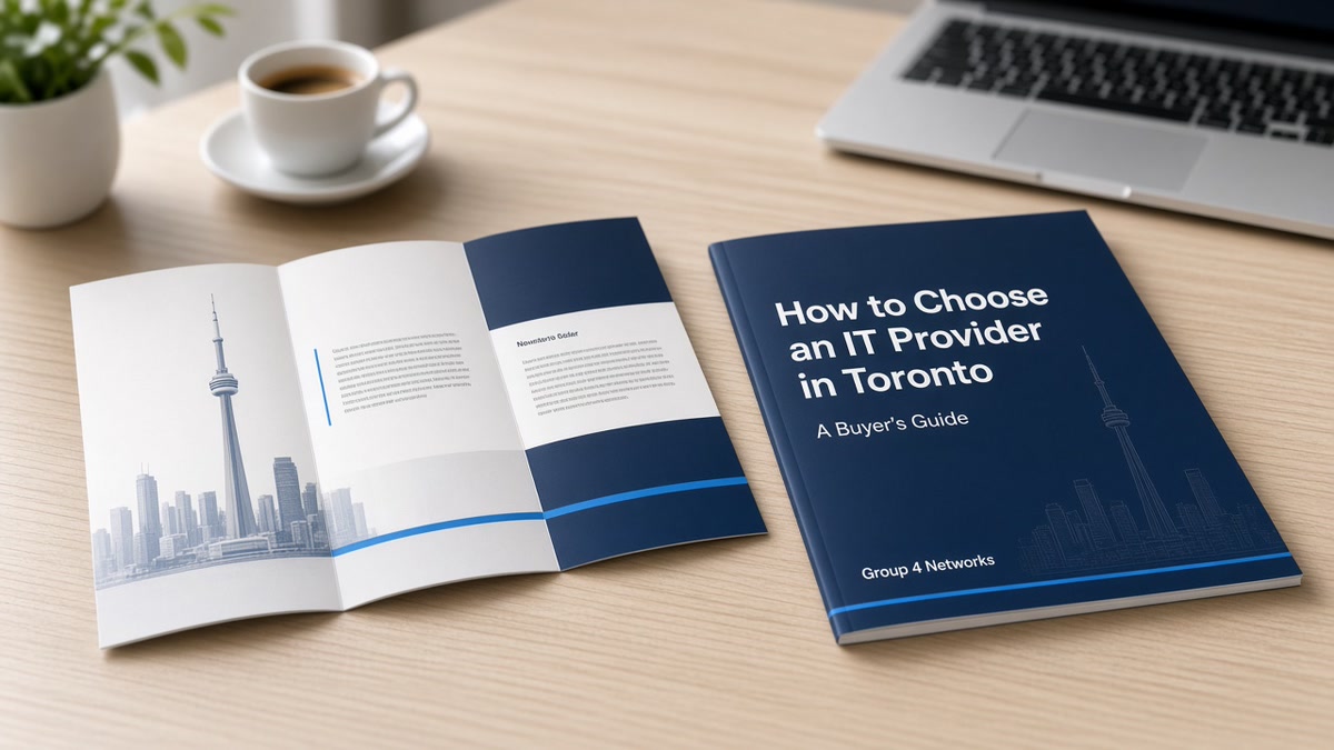 Group 4 Networks buyer's guide booklet and brochure on a Toronto office desk